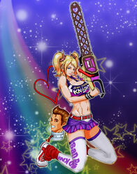  abs belt blonde_hair blue_eyes breasts chainsaw cheerleader commentary_request crop_top female grin highres juliet_starling kneeling large_breasts leg_warmers lollipop_chainsaw midriff miniskirt naname_neko navel nick_carlyle scrunchie severed_head shoes skirt smile sneakers solo thighhighs twintails white_legwear wristband 