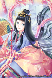  black_hair blue_eyes blunt_bangs commentary_request company_name female folding_fan hair_ornament hand_fan holding holding_fan isomine japanese_clothes jikuu_haouden karaginu_mo kimono layered_clothes layered_kimono long_hair looking_at_viewer official_art paper_fan princess ribbon-trimmed_clothes ribbon_trim sidelocks smile solo very_long_hair 