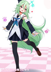  :d bakko bare_shoulders black_ribbon black_serafuku black_skirt black_thighhighs blue_neckerchief blush brown_footwear checkered_floor commentary_request detached_sleeves female green_eyes green_hair hair_between_eyes hair_ribbon heart heart-shaped_pupils highres kantai_collection long_hair neckerchief open_mouth pleated_skirt ribbon school_uniform serafuku shoes skirt smile solo standing standing_on_one_leg symbol-shaped_pupils thighhighs translated yamakaze_(kancolle) 