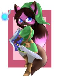  2018 alpha_channel anthro black_nose blue_eyes brown_body brown_fur brown_hair canid canine clothing digital_media_(artwork) duo fairy female fur hair hat headgear headwear hylian_shield long_hair mammal master_sword melee_weapon multicolored_body multicolored_fur navi nintendo ocarina_of_time open_mouth pink_body pink_fur pink_hair pommieprincess shield shirt standing sword the_legend_of_zelda topwear tunic vera_(voidrunner) weapon wings 