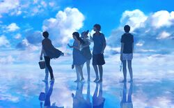  2girls 3boys bad_id bad_pixiv_id barefoot blue_sky bucket cellphone cloud day dress hand_in_pocket hat highres jacket multiple_boys multiple_girls original outdoors pants phone reflection shirt shorts sky sleeveless sleeveless_dress sundress water water_world zipperradio 