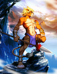  2013 4_toes 5_fingers abs amazing_background anklet anthro atmospheric_perspective barefoot biped blonde_hair bottomwear bracelet chest_tuft claws clothed clothing cloud color_contrast countershade_face countershade_torso countershading day detailed detailed_background digitigrade feet felid fingerless_(marking) fingers fog franko_(negy) full-length_portrait fur fur_tuft genzoman hair hand_on_leg holding_object holding_weapon humanoid_hands jewelry lion loincloth looking_away male mammal melee_weapon mountain multicolored_body multicolored_fur muscular muscular_anthro muscular_male orange_body orange_fur pantherine paws polearm portrait rock short_hair sky snout solo spear standing step_pose tail tail_tuft tan_body tan_fur tattoo toe_claws toeless_(marking) toes topless tribal tuft two_tone_body two_tone_fur weapon 