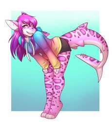  2018 5_fingers accessory alternative_fashion alyxaras anthro bent_over bent_over_with_legs_held_straight biped bottomwear breasts clothed clothing digital_media_(artwork) ear_piercing extended_arms eyebrows eyelashes feet feet_together felid female fin fingers fish fish_tail furgonomics furry-specific_piercing hair hands_on_knees hands_on_legs hands_on_own_knees hands_on_own_legs holding_both_knees holding_both_legs hoodie hybrid jewelry knees_together leaning_on_self legs_together leopard_spots lockworkorange long_hair looking_at_viewer mammal marine markings multicolored_body multicolored_skin non-mammal_breasts pantherine piercing pink_body pink_skin pink_tail purple_eyes purple_hair purple_spots ring_piercing scene_(fashion) scene_haircut shaded shark sharp_teeth shorts simple_background smile snow_leopard solo spots spotted_body spotted_markings spotted_skin spotted_tail straight_legs sweater tail tail_accessory tail_fin tail_jewelry tail_markings tail_piercing tail_ring_(piercing) teeth tiptoes toeless_(marking) topwear white_body white_skin 