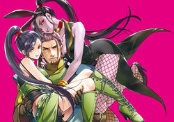  1boy 2girls animal_ears beard black_hair boots breasts carrying choker cleavage commentary_request cross-laced_footwear dragon_quest dragon_quest_xi dual_persona facial_hair gloves green_eyes green_footwear greig_(dq11) heart knee_boots lace-up_boots large_breasts long_hair martina_(dq11) multiple_girls pantyhose playboy_bunny ponytail princess_carry purple_eyes purple_facial_hair purple_hair rabbit_ears red_eyes sweatdrop thighhighs yoshico_11gure 