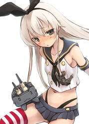  :&lt; anchor anchor_hair_ornament bad_id bad_pixiv_id blonde_hair blurry blush cannon collarbone commentary_request crop_top depth_of_field female green_eyes hair_ornament hairband head_tilt highleg highleg_panties kantai_collection long_hair navel panties rensouhou-chan sailor_collar shimakaze_(kancolle) simple_background sitting solo striped_clothes striped_thighhighs tamaki_fuyu tears thighhighs underwear white_background 