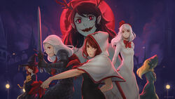  6+girls :d armor black_gloves black_hair blonde_hair breasts cath_(momodora) choir_(momodora) cloak commentary cotillard covered_navel earrings feline fennel_(momodora) freckles full_moon gloves hair_over_one_eye hat highres holding holding_sword holding_weapon hood hooded_cloak horns jewelry kaho_(momodora) koyorin long_hair looking_at_viewer lubella momodora:_reverie_under_the_moonlight moon multiple_girls night open_mouth photoshop_(medium) red_eyes red_hair red_moon small_breasts smile sword weapon white_hair witch_hat 