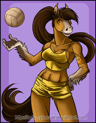  anthro athletic athletic_anthro athletic_female ball breasts clothed clothing cybercat equid equine female hair horse mammal sheila_skyworld simple_background solo sport volleyball volleyball_(ball) 