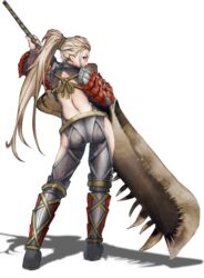  arm_up armor ass back backless_outfit bare_back blonde_hair closed_mouth commentary_request female from_behind full_body greatsword hand_up high_ponytail highres hip_vent holding holding_sword holding_weapon huge_weapon long_hair looking_at_viewer looking_back md5_mismatch monster_hunter:_world monster_hunter_(character) monster_hunter_(series) odogaron_(armor) pants pauldrons ponytail purple_eyes sakae91 shoulder_armor solo standing sword very_long_hair weapon 