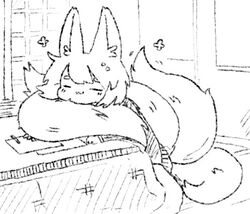  :3 animal_ears commentary female fluffy fox_ears fox_tail greyscale inari_(monster_girl_encyclopedia) kotatsu latenight lowres monochrome monster_girl_encyclopedia multiple_tails short_hair smile solo sparkle table tail tail_pillow 