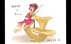  animal_ears arms_up barefoot blush bow brown_hair cat_ears cat_tail chen closed_eyes commentary_request dated female foot_dangle full_body hat long_sleeves midriff mini_person minigirl mob_cap mushroom namauni navel on_mushroom open_mouth pillarboxed red_skirt red_vest shirt short_hair sitting sitting_on_mushroom skirt skirt_set solo stretching tail touhou vest white_background white_shirt yawning 