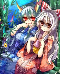  2girls :d alternate_costume averting_eyes bad_id bad_pixiv_id bamboo blue_eyes blue_hair bow caved_(touhou) chrysanthemum_print commentary_request fangs floral_print fujiwara_no_mokou glowing glowing_eyes green_hair hair_between_eyes hairbow hand_to_own_mouth hands_up holding holding_tanzaku horn_ornament horn_ribbon horns hug japanese_clothes kaenuco kamishirasawa_keine kimono leaf long_hair looking_at_another looking_at_viewer multicolored_hair multiple_girls nervous_smile night night_sky oerba_yun_fang open_mouth orange_eyes red_eyes red_ribbon ribbon shaded_face sitting sky smile sweat sweatdrop tanabata tanzaku touhou translated white_hair you_gonna_get_raped 