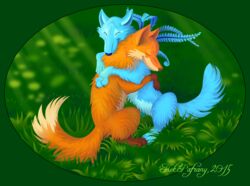  2015 ambiguous_gender canid canine canis digital_media_(artwork) feral fern fox grass hug kekpafrany kekpafrany_(character) light mammal outside plant solo wolf 