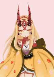  blonde_hair fate/grand_order fate_(series) female finger_to_mouth flower_pattern horns ibaraki_douji_(fate/grand_order) japanese_clothes kimono long_hair looking_at_viewer monster_girl oni pink_background simple_background slit_pupils tattoo yellow_eyes 