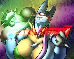  5:4 abstract_background anthro aura_sphere bathrobe big_breasts black_body black_fur blue_body blue_fur breasts canid canine cleavage clothed clothing day-t female fur generation_4_pokemon glowing glowing_eyes huge_breasts lucario magic_user mammal nintendo pokemon pokemon_(species) pokemon_move red_eyes robe sharp_teeth simple_background solo teeth yellow_body yellow_fur 