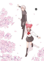  1boy bad_id bad_pixiv_id cherry_blossoms double_bun female gakuran grey_hair hair_bun holding_hands kaga_yuuki kneehighs loafers petals photoshop_(medium) pink_eyes pink_hair sasahara_satsuki school_uniform serafuku shoes sidelocks skirt smile socks tsurezure_children wakabayashi_toshiya 