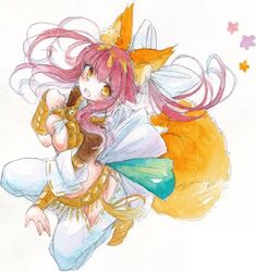  amaterasu_(fate) animal_ears bad_id bad_pixiv_id breasts dancer fate/extra fate/extra_ccc fate_(series) female fina_(sa47rin5) fox_ears fox_tail hair_ribbon medium_breasts official_alternate_costume orange_tail painting_(medium) pink_hair ribbon solo tail tamamo_(fate) traditional_media twintails underboob watercolor_(medium) yellow_eyes 