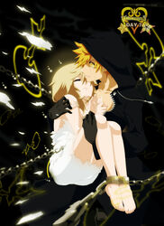  1boy annria2002 barefoot black_coat_(kingdom_hearts) blonde_hair blue_eyes bound breasts carrying chains cleavage closed_eyes commentary crying crying_with_eyes_open dress english_commentary feet female hand_on_leg highres kingdom_hearts kingdom_hearts_ii medium_breasts medium_hair namine organization_xiii photoshop_(medium) roxas short_hair straight sundress tears white_dress 