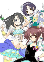  3girls :d black_hair blue_eyes blue_skirt blush bow braid breasts brown_eyes brown_hair cleavage commentary_request detached_collar green_bow hairbow hirowa_nagi idolmaster idolmaster_cinderella_girls kurihara_nene layered_skirt looking_at_viewer medium_breasts midriff multiple_girls ogata_chieri open_mouth photoshop_(medium) red_eyes shiragiku_hotaru simple_background single_braid skirt small_breasts smile star!!_(idolmaster) thighhighs two_side_up white_background zettai_ryouiki 