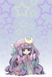  bow commentary_request crescent crescent_hat_ornament edo. female gradient_background hairbow hat hat_bow hat_ornament long_hair patchouli_knowledge purple_hair red_eyes solo star_(symbol) touhou very_long_hair 