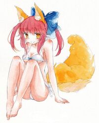  animal_ears bad_id bad_pixiv_id barefoot bikini blush bow breasts cleavage fate/extra fate/extra_ccc fate_(series) feet female fina_(sa47rin5) fox_ears fox_tail hair_ribbon hairbow medium_breasts official_alternate_costume orange_tail pink_hair ribbon side-tie_bikini_bottom sitting solo swimsuit tail tamamo_(fate) tamamo_no_mae_(fate/extra) tamamo_no_mae_(sexy_bikini)_(fate) twintails white_bikini yellow_eyes 