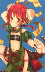  @nyannyan bad_id bad_twitter_id bell chinese_clothes double_bun dragon_tail female fighting_stance hair_bun highres leg_up magical_girl mahou_shoujo_ikusei_keikaku mahou_shoujo_ikusei_keikaku_restart midriff navel ofuda ramune_(ramuuu_maro) red_hair short_hair solo tail 