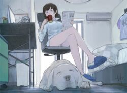  air_conditioner akg akg_k-series_headphones bad_id bad_pixiv_id bed bedroom blue_eyes brown_hair canine collared_shirt commentary_request computer crossed_legs cup day desk drinking female headphones headphones_removed holding holding_cup indoors monitor newspaper no_pants original panties pantyshot scissors shirt shoe_dangle short_hair signature sitting slippers solo trash_can underwear white_shirt wooden_floor yasawa_kichi 