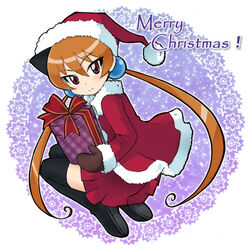  alisa_southerncross black_thighhighs blush box brown_mittens christmas commentary_request female gift gift_box hair_bobbles hair_ornament hakkatou hat keroro_gunsou long_hair merry_christmas mittens orange_hair red_eyes santa_costume santa_hat skirt smile solo thighhighs twintails 