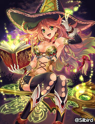  :d armpits bare_shoulders black_thighhighs book bow braid breasts buckle cleavage commentary_request cross-laced_clothes detached_sleeves earrings female floating_hair gloves glowing green_eyes hairbow hat holding holding_book jewelry lace long_hair looking_at_viewer majo_merlin medium_breasts navel nonoya_nayori official_art open_book open_mouth orange_hair sitting smile solo star_(symbol) thighhighs tower_of_dragon twitter_username v very_long_hair wavy_hair white_gloves witch witch_hat 