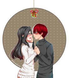  1boy black_eyes black_hair blue_eyes blush boku_no_hero_academia burn_scar commentary_request couple eye_contact female from_side gradient_hair grey_sweater hand_on_another&#039;s_cheek hand_on_another&#039;s_face holding_hands imminent_kiss looking_at_another mistletoe multicolored_hair open_mouth parted_lips red_hair reishichi ribbed_sweater scar scar_on_face silver_hair straight striped sweater todoroki_shouto two-tone_hair upper_body vertical_stripes white_background white_sweater yaoyorozu_momo 