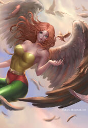  artist_name bird bodysuit breasts chuby_mi cleavage cloud commentary curly_hair dc_comics english_commentary feathered_wings female flying green_eyes hawkgirl highres justice_league large_breasts long_hair orange_hair photoshop_(medium) realistic shayera_hol sky solo watermark web_address wings 