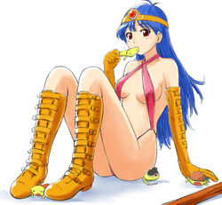  bad_id bad_pixiv_id boots breasts circlet commentary_request dragon_quest dragon_quest_iii elbow_gloves female full_body gloves highres long_hair looking_at_viewer manzi medium_breasts revealing_clothes revealing_swimsuit_(dq) sage_(dq3) sitting staff weapon 