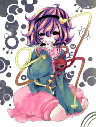  ahoge commentary_request edo. female hand_to_own_mouth komeiji_satori oversized_clothes purple_eyes purple_hair short_hair sitting sleeves_past_fingers sleeves_past_wrists solo third_eye touhou yokozuwari 