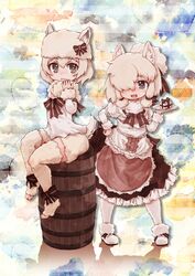  2girls :3 alpaca_ears alpaca_huacaya_(kemono_friends) alpaca_suri_(kemono_friends) alpaca_tail alternate_costume animal_ears barefoot barrel bow commentary fluffy_legwear fur_collar fur_trim gift hair_over_one_eye hand_on_own_hip hand_over_face hat hat_bow heart heart-shaped_pupils highres kemono_friends kolshica maid multiple_girls muted_color neck_ribbon open_mouth ribbon short_hair shorts symbol-shaped_pupils tail thighhighs tray 