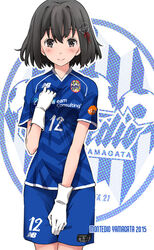  bad_id bad_pixiv_id black_hair blush commentary_request female fujii_jun gloves haguro_(kancolle) hair_ornament j._league kantai_collection montedio_yamagata photoshop_(medium) short_sleeves soccer_uniform sportswear 