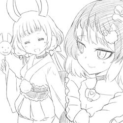  2girls animal_ears closed_eyes commentary_request gekokujou_hana greyscale japanese_clothes magical_girl mahou_shoujo_ikusei_keikaku mahou_shoujo_ikusei_keikaku_jokers mahou_shoujo_ikusei_keikaku_limited monochrome multiple_girls rabbit_ears short_hair sirodengaku smile styler_mimi 