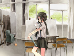  art_room black_hair canvas_(object) commentary_request easel female harikamo indoors long_hair mouth_hold original profile school_uniform solo twintails window 