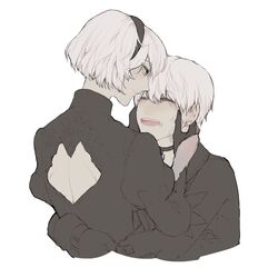  1boy 2b_(nier:automata) 9s_(nier:automata) backless_dress backless_outfit bad_id bad_pixiv_id blue_eyes breasts choker closed_eyes collarbone couple crying dress eyelashes feather-trimmed_sleeves female gloves hair_between_eyes highres hug juliet_sleeves large_breasts lips long_sleeves looking_at_another nahonanaho nier:automata nier_(series) no_blindfold open_mouth pale_skin patterned_clothing puffy_sleeves short_hair simple_background smile straight tears 