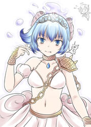  angry armor bikini bikini_top_only blue_eyes blue_hair cameo chains commentary_request eating female ghost hicha_wynn magical_girl mahou_shoujo_ikusei_keikaku mahou_shoujo_ikusei_keikaku_aces midriff navel princess_deluge prism_cherry short_hair shoulder_armor solo swimsuit tiara water 