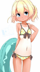  bikini blonde_hair blue_eyes commentary_request female flat_chest frederica_irving inaka_keikou innertube navel one-piece_tan panties sekaiju_no_meikyuu shin_sekaiju_no_meikyuu short_hair side-tie_panties simple_background solo swim_ring swimsuit tan tanlines underwear white_background yellow_bikini 