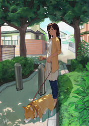  bad_id bad_pixiv_id brown_hair canine cityscape commentary_request female highres long_hair looking_at_viewer original outdoors photoshop_(medium) road scenery shade signature solo street sunlight tree tree_shade vanishing_point welsh_corgi yasawa_kichi 