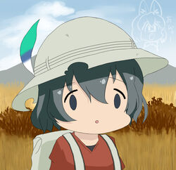  abyaa_face ai_mai_mii animal_ears backpack bag black_hair commentary dakappa day face_of_the_people_who_sank_all_their_money_into_the_fx_(meme) female hat hat_feather helmet kaban_(kemono_friends) kemono_friends meme outdoors parody pith_helmet red_shirt savannah season_connection serval_(kemono_friends) shirt short_hair uchida_aya voice_actor_connection 