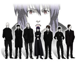  6+boys bald batou_(gits) black_hair boma_(gits) brown_hair coat commentary_request crossed_arms everyone female formal ghost_in_the_shell ghost_in_the_shell_stand_alone_complex grey_hair hand_in_pocket hands_in_pockets hands_on_own_hips hat head_tilt ishikawa_(gits) jacket jewelry kusanagi_motoko lineup looking_away looking_down multiple_boys necklace necktie no_eyes open_mouth paz_(gits) purple_hair red_eyes saitou_(gits) shadow short_hair sjw_kazuya standing suit sweater togusa_(gits) 