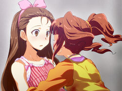  2girls bare_shoulders blush bow brown_eyes brown_hair commentary_request dress forehead hairband hug idolmaster idolmaster_(classic) imminent_kiss long_hair minase_iori multiple_girls photoshop_(medium) raglan_sleeves takatsuki_yayoi twintails yuri yuu-yuu 