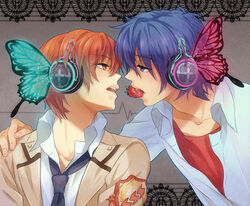  2boys angel_beats! blue_hair bug butterfly butterfly_hair_ornament commentary_request eye_contact face-to-face food fruit hair_ornament headphones hinata_hideki looking_at_another magnet_(vocaloid) male_focus mouth_hold multiple_boys orange_eyes orange_hair otonashi_yuzuru parody photoshop_(medium) school_uniform strawberry vocaloid yaoi zhuo_mi 