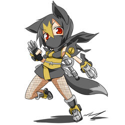  animal_ears chibi claws commentary_request female fishnet_pantyhose fishnets fox_ears fox_tail gatling_gun gloves gun lowres mask mecha_musume multicolored_hair ninja pantyhose red_eyes shadow_fox solo tail takeya_yuuki two-tone_hair weapon zoids zoids_shinseiki/zero 