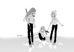  3girls alternate_costume bow braid broom commentary_request contemporary crescent curling curling_stone full_body greyscale hairbow holding hong_meiling ice izayoi_sakuya kneeling long_hair long_sleeves monochrome multiple_girls pants patchouli_knowledge polo_shirt shirt short_hair short_sleeves simple_background standing stick sugi touhou twin_braids white_background 