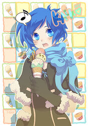  bad_id bad_pixiv_id blue_eyes blue_hair blue_scarf blush bow elbow_gloves female food genderswap_(mtf) gloves ice_cream kaiko musical_note open_mouth photoshop_(medium) rule_63 scarf scarf_bow solo vocaloid zhuo_mi 