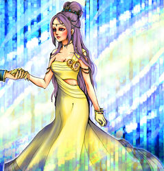  ai_(ai1470) blue_eyes commentary_request dress earrings faris_scherwiz female final_fantasy final_fantasy_5 flower gloves hair_bun hair_ornament jewelry long_hair necklace purple_hair sarisa_highwind_tycoon single_hair_bun 