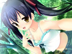  black_hair bra breasts brown_eyes camisole downblouse female game_cg hair_ribbon lingerie midriff mimi_wo_sumaseba_(eroge) navel oerba_yun_fang oogami_hinata open_mouth ribbon small_breasts smile solo souryuu_(double_dragon) striped_bra striped_clothes twintails underwear 