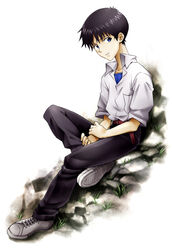  1boy belt black_hair blue_eyes commentary_request evangelion:_2.0_you_can_(not)_advance full_body holding_own_arm ikari_shinji looking_away male_focus neon_genesis_evangelion rebuild_of_evangelion rock school_uniform shoes short_sleeves simple_background sitting sneakers solo togetsuhou 